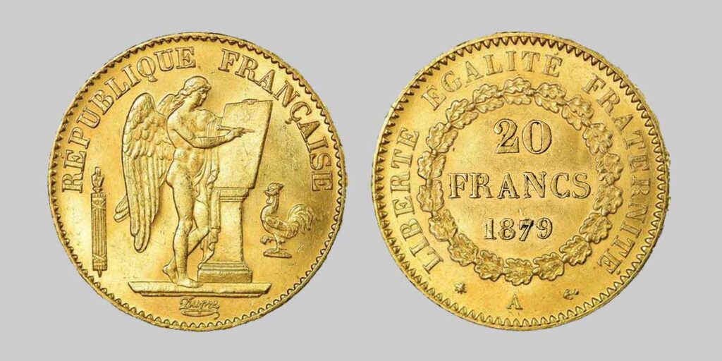 Die 20 Francs stehender Engel 1879, heute eine beliebte Anlagemünze mit einer Reinheit von 900/1000.