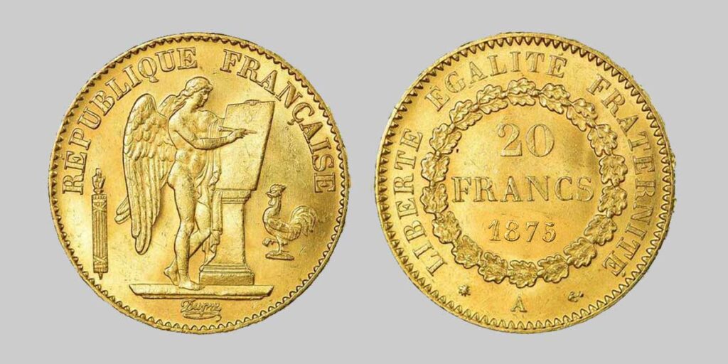 La moneda "Ángel" o "Genio" de oro de 20 francos de 1875, una moneda francesa de 5,80 gramos de oro.