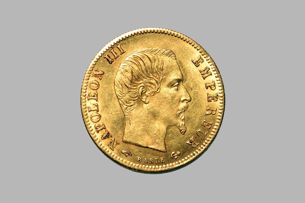 Pièce en or 5 Francs Napoléon III tête nue, grand module, 1855 à 1860.