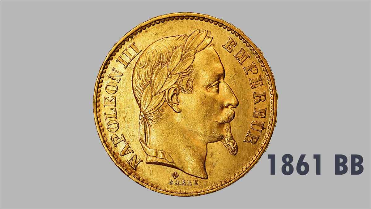 La pièce d’or Napoléon 20 Francs or 1861 BB.