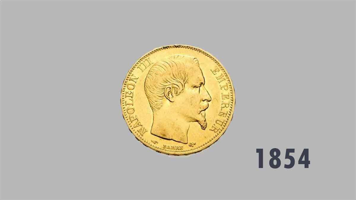 La pièce d’or Napoléon 20 Francs or 1854.