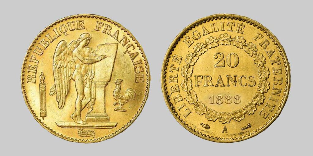 La moneda "Ángel" o "Genio" de oro de 20 francos de 1888, una moneda francesa de 5,80 gramos de oro