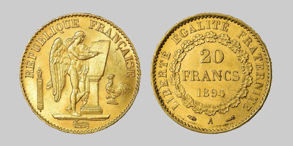 Die 20 Francs stehender Engel 1894, heute eine beliebte Anlagemünze mit einer Reinheit von 900/1000.
