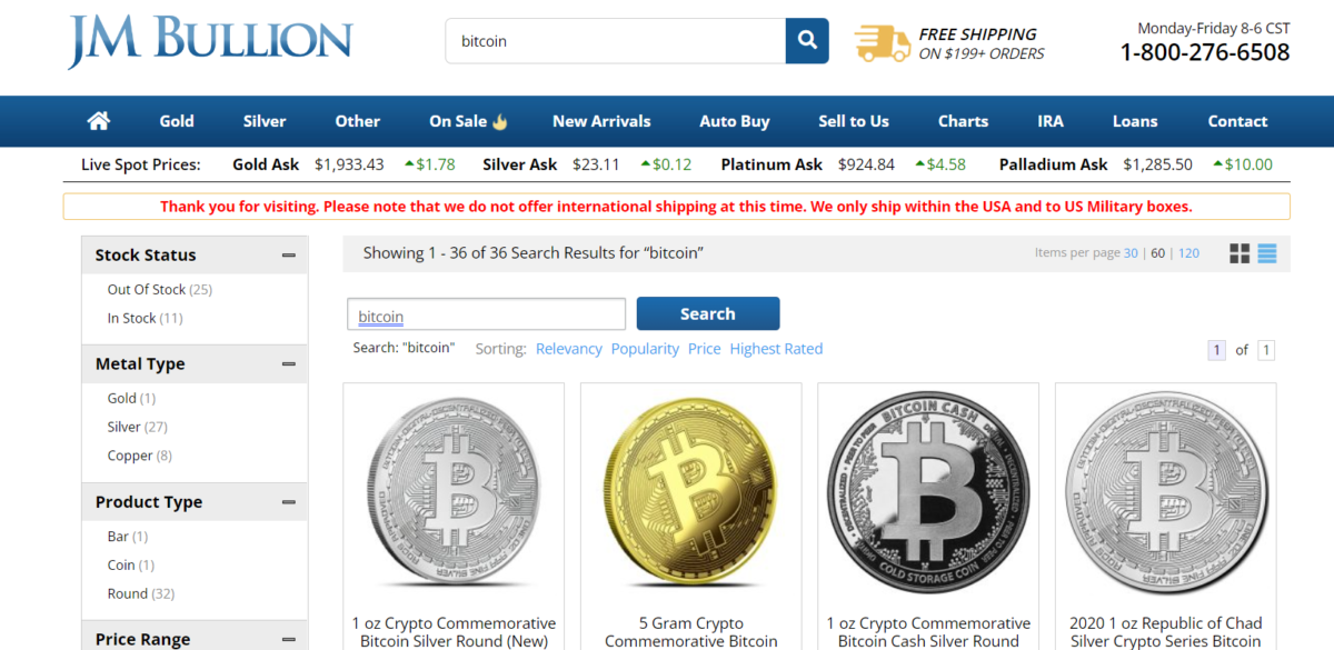 JM Bullion: Comprar oro en línea con Bitcoin y otras criptomonedas.